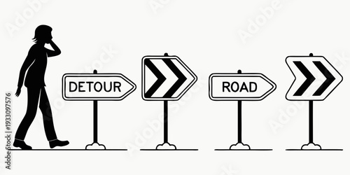 Person walking past road signs indicating a detour and the main road ahead. Vector