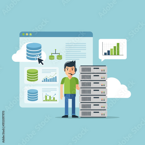 Data center technician with servers, database, analytics, and cloud icons