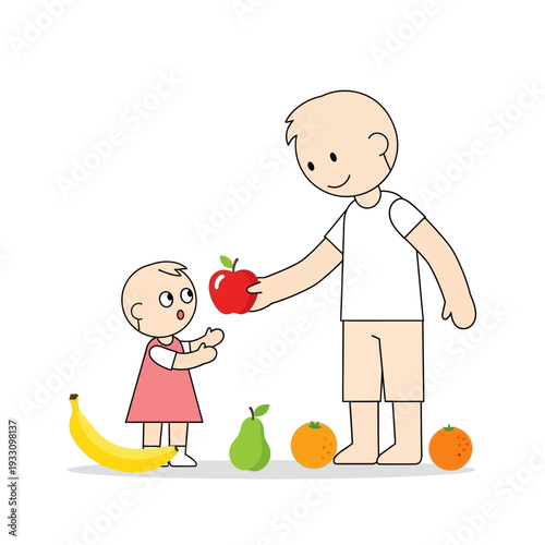 Father giving an apple to his daughter, surrounded by fruits, healthy eating concept
