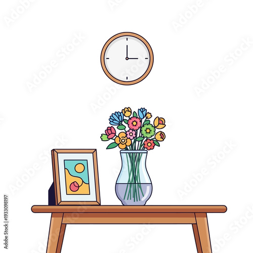 Cozy room corner: framed art, fresh flowers in vase, and wall clock on wooden table
