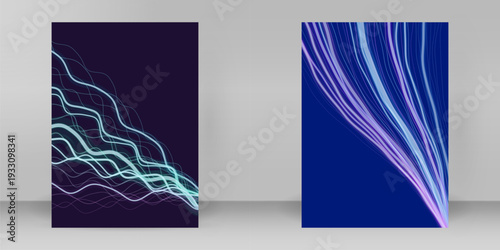 Vertical abstract cyan waveform flow on dark technology background