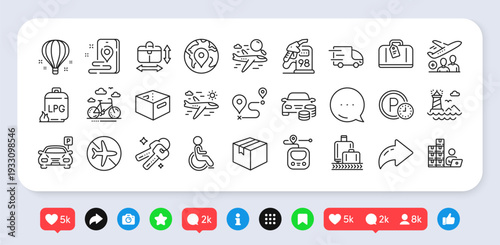 Place, Passenger and Office box line icons pack. Social media: share, comment, like icons. Pin, Parcel, Parking time web icon. Buy car, Search flight, Truck delivery pictogram. Vector