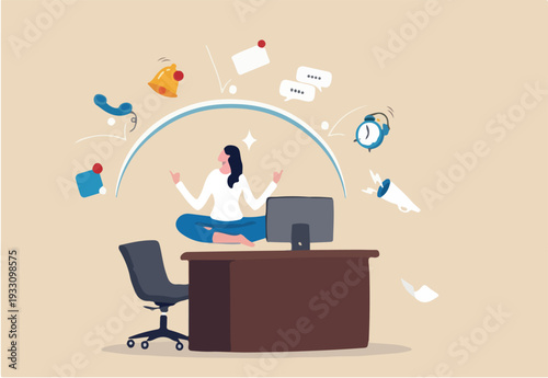 Employee wellbeing or wellness, comfortable to work, project management or relax workplace, balance or productivity concept, office woman mindfulness meditating on working desk levitate working stuff.