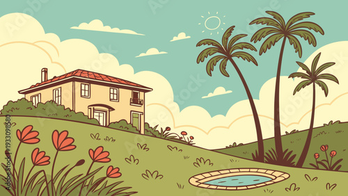 A house on a hill with palm trees and a swimming pool outside