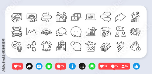 Electricity consumption, Time management and Certificate line icons pack. Social media: share, comment, like icons. Chemical formula, Ranking, Talk bubble web icon. Vector