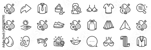 Oil drop, Scarf and Collagen skin line icons pack. Share, Message, Paper plane icons. Cream, Vitamin e, T-shirt web icon. Skirt, Lips, Cobalamin vitamin pictogram. Vector