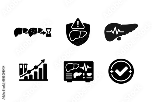 liver disease monitoring medical analytics solid black icon set vector illustration
