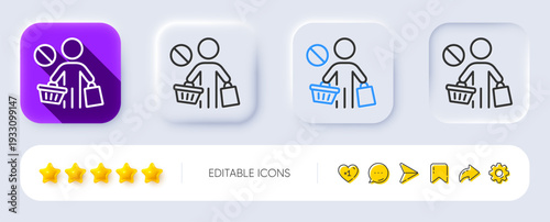 Stop shopping line icon. Neumorphic, Flat shadow, 3d buttons. No panic buying sign. Man with shopping cart symbol. Line stop shopping icon. Social media icons. Vector