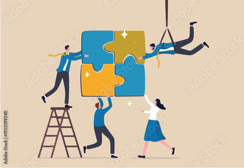 Collaboration work together to solve problem, teamwork unite together to achieve success, connected people or community help finding solution concept, business people team succeed solve jigsaw puzzle.