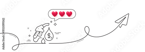 Petrol station line icon. Continuous line with share plane. Filling gas station sign. Diesel fuel symbol. Hearts rate review in speech bubble. Petrol station single line ribbon. Vector