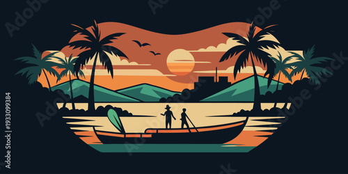 Tropical sunset scene with silhouetted figures and a small boat