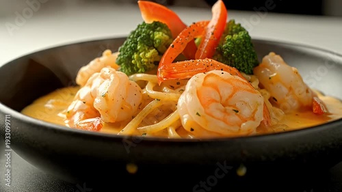 Delicious Shrimp Pasta with Broccoli and Red Pepper.