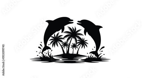 Tropical island scene with leaping dolphins in black silhouette