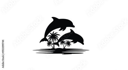 Tropical island scene featuring leaping dolphins in dark silhouette