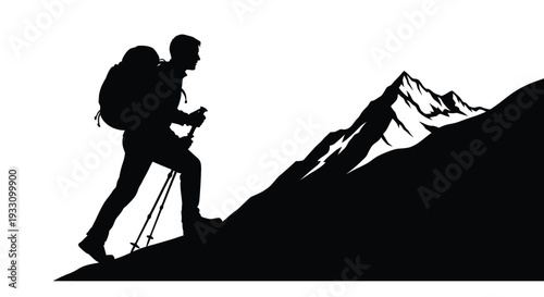 Hiker ascending a mountain with trekking poles a striking silhouette