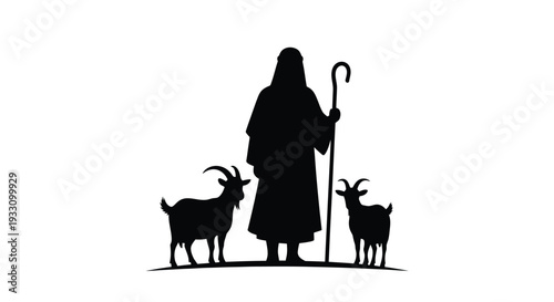 Shepherd with goats a distinctive black shape silhouette