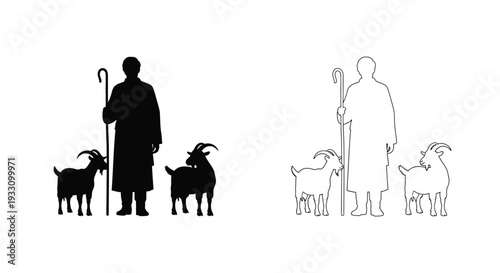 Shepherd with goats both in solid black and white outline silhouette