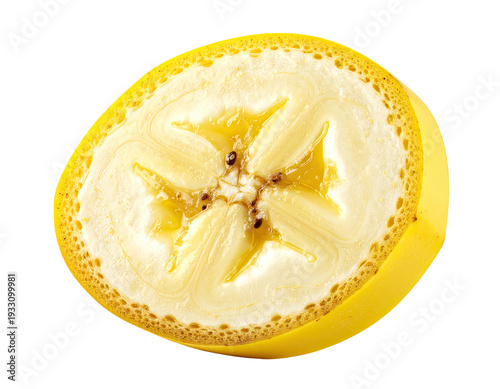 A bright yellow banana slice showcases its star-shaped interior with dark seeds