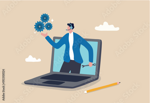 Support staff help fixing technical problem, help desk or operator with phone call or chat to assist customer concept, helpful man with headset talking with customer help solve computer problem