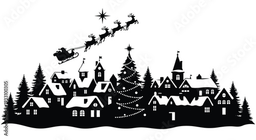 Santa s sleigh flies over a winter village a striking silhouette