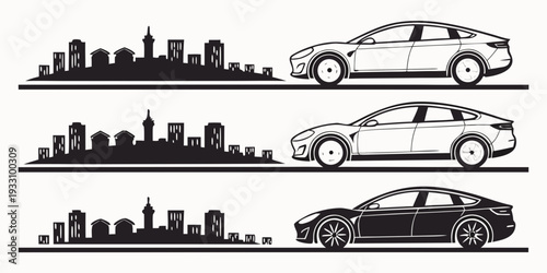 Three distinct cars driving past a city skyline at night Vector