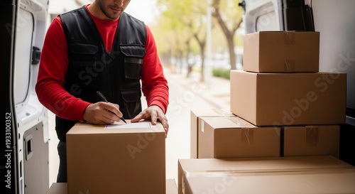 Naklejka Delivery man labeling packages in van for efficient shipping process