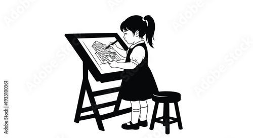 Young artist diligently painting a house on an easel silhouette