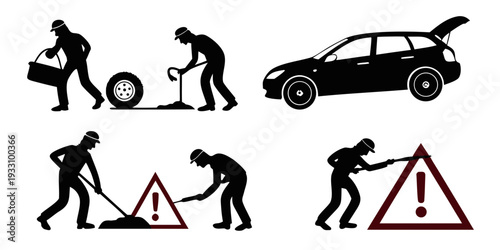 Illustration of various roadside assistance and safety activities Vector