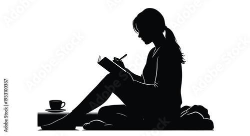 Woman reading a book with coffee a striking black silhouette