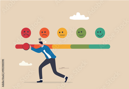Dissatisfaction, dislike or negative feedback, angry customer or dissatisfied employee, angry review, disappointment rating or complaint concept, man pushing rating bar to dissatisfaction level.