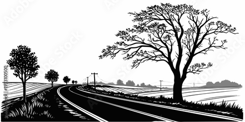 A serene landscape featuring a winding road flanked by tall trees and rolling hills Vector