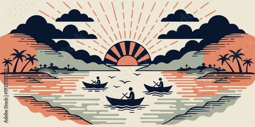 Tropical scene depicting kayakers on the water at sunrise