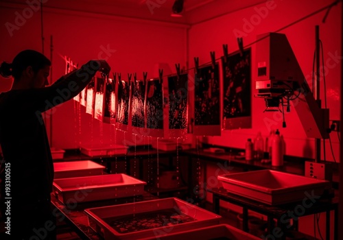 Photographer developing film in a darkroom under red light, creating analog prints.