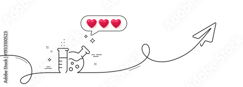 Chemistry lab line icon. Continuous line with share plane. Laboratory flask sign. Analysis symbol. Hearts rate review in speech bubble. Chemistry lab single line ribbon. Loop curve pattern. Vector