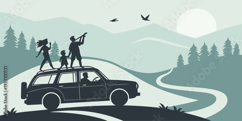 A group of people enjoying a camping trip with their dog in a scenic mountainous area Vector