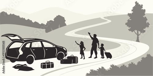 Group of people hiking in the mountains with their dog and a car nearby Vector