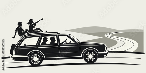 A man is surfing on a car with a skateboard in the middle of the desert. Vector