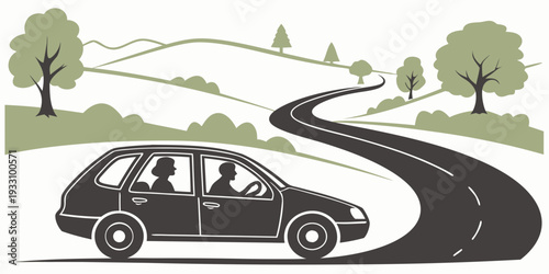 A car navigating a winding road with scenic surroundings and a clear sky Vector