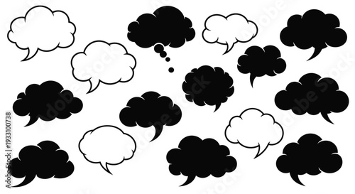 Collection of speech bubbles and thought balloons in contrasting forms silhouette