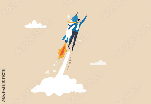 Business takeoff, start new job or boost growing speed to success, ambition, leadership or innovation for advantage concept, businessman with rocket booster takeoff fast flying to new challenge