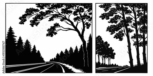 A serene countryside road lined with tall trees on both sides. Vector