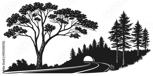 A serene landscape with trees and a peaceful river flowing through the scene. Vector