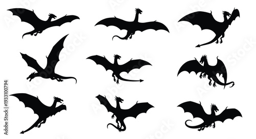 Nine black silhouettes of dragons in dynamic flight poses silhouette