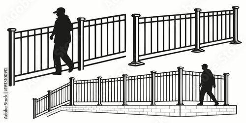 Three individuals walking on a zigzag bridge over a river Vector