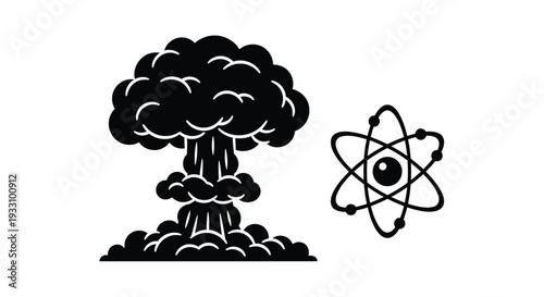Atomic structure and mushroom cloud explosion represented as a stark silhouette