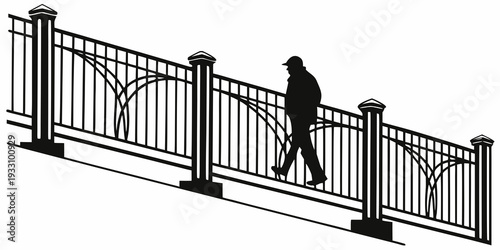 A person walking on a bridge with a metal railing and a sloped design Vector