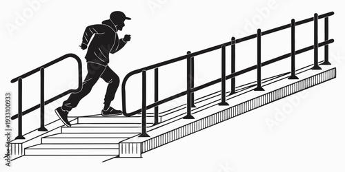 A person running up a set of stairs with a railing on the side. Vector