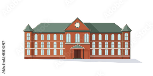 Brown school or university building with arched windows and green roof on white background 