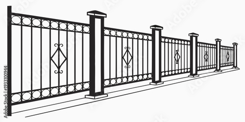 A tall black metal fence with intricate designs and a gate in the middle Vector