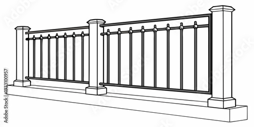 A detailed view of a modern metal fence with vertical bars and horizontal supports. Vector